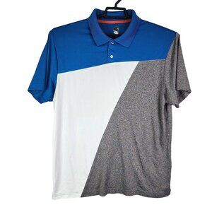 Men's PGA Golf Colorblock Polo Shirt Blue/White/Grey Short Sleeve Size L